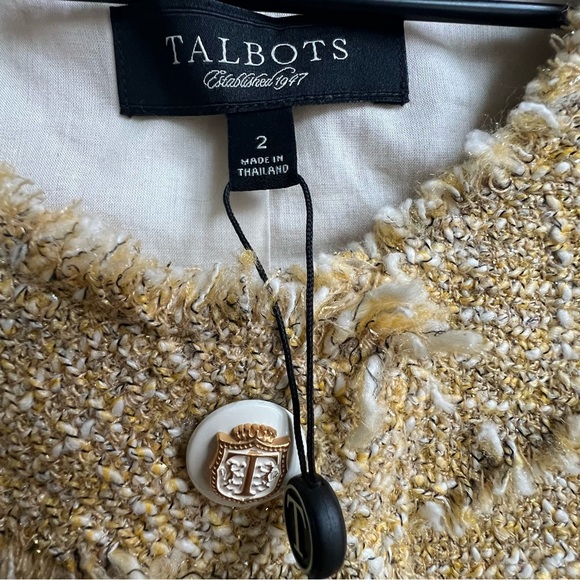 Talbots Grace Fit Collarless Gold Tweed Metallic Blazer Jacket Jackie O Fringe - Picture 12 of 15